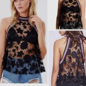 Free People Black Floral Lace Halter Top
